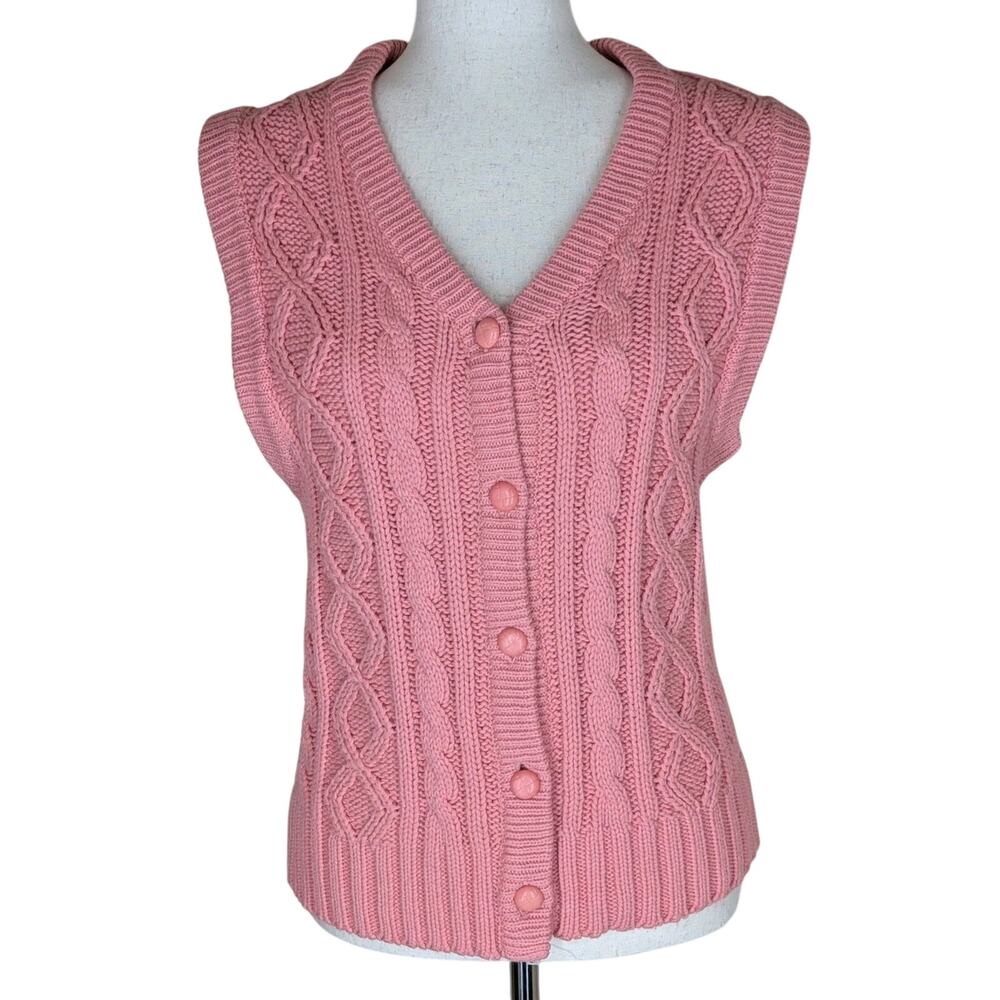 Vintage Fire Islander Sweater Vest Pink Cable Knit Medium Preppy Twee Academia
